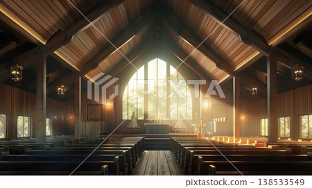 Wooden Church Interior with Vaulted Ceiling and Sunlight Streaming Through Windows. Concept of Sacred Architecture, Spiritual Serenity, Peaceful Atmosphere, and Contemplative Spaces 138533549