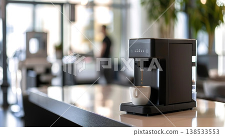 Modern Coffee Machine on a Light Table in an Office. Concept of Workplace Efficiency, Refreshing Breaks, Contemporary Design, and Convenience. Copy space Modern Coffee Machine on a Light Table in an Office. Concept of Workplace Efficiency, Refreshing Breaks, Contemporary Design, and Convenience. Copy space 138533553