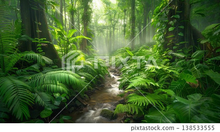 Lush Tropical Rainforest with Towering Trees and Ferns, Concept of Nature's Beauty, Biodiversity, Tranquility, and Exotic Wilderness Lush Tropical Rainforest with Towering Trees and Ferns, Concept of Nature's Beauty, Biodiversity, Tranquility, and Exotic Wilderness 138533555