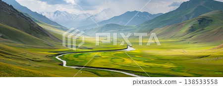 Expansive Valley with Winding River Cutting Through Lush Green Landscape and Snowy Mountain Peaks, Concept of Natural Beauty, Serenity, and Outdoor Adventure. Banner Expansive Valley with Winding River Cutting Through Lush Green Landscape and Snowy Mountain Peaks, Concept of Natural Beauty, Serenity, and Outdoor Adventure. Banner 138533558