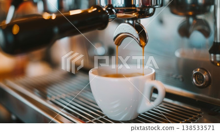 Close-Up of Coffee Machine Pouring Fresh Espresso into White Cup. Concept of Morning Routine, Coffee Making, and Barista Skills in a Cozy Cafe Setting 138533571
