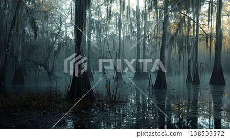 Dense Swamp Landscape with Tall Cypress Trees Emerging from Misty Waters Concept of Wetlands Serenity, Mystical Forests, Tranquil Nature, and Enigmatic Ecosystems 138533572