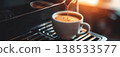 Close-Up of Coffee Cup in Espresso Machine. Concept of Fresh Brew, Morning Routine, Beverage Enjoyment, Cafe Culture. Banner 138533577