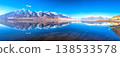Serene Clear Mountain Lake Reflecting Towering Peaks Under a Bright Blue Sky. Concept of Natural Beauty, Tranquility, Outdoor Adventure, and Majestic Landscapes. Banner 138533578