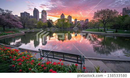 City Park at Sunset with a Pond Reflecting Vibrant Colors and Spring Blossoms Near Urban Skyline City Park at Sunset with a Pond Reflecting Vibrant Colors and Spring Blossoms Near Urban Skyline 138533580