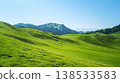 Scenic Alpine Pasture with Grazing Cattle Among Rolling Green Hills on a Clear Day. Concept of Serene Landscape, Tranquility, and Natural Beauty 138533583