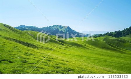 Scenic Alpine Pasture with Grazing Cattle Among Rolling Green Hills on a Clear Day. Concept of Serene Landscape, Tranquility, and Natural Beauty Scenic Alpine Pasture with Grazing Cattle Among Rolling Green Hills on a Clear Day. Concept of Serene Landscape, Tranquility, and Natural Beauty 138533583