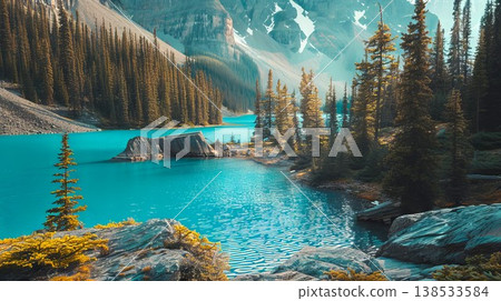 Alpine Lake with Turquoise Waters and Pine Trees in Majestic Mountain Landscape - Concept of Natural Beauty, Serenity, Outdoor Adventure Alpine Lake with Turquoise Waters and Pine Trees in Majestic Mountain Landscape - Concept of Natural Beauty, Serenity, Outdoor Adventure 138533584