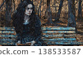 Illustration of a young woman with long dark hair sitting on a bench in a mysterious forest, holding a book. Concept of introspection, solitude, nature, and gothic art 138533587
