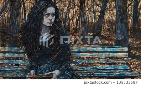 Illustration of a young woman with long dark hair sitting on a bench in a mysterious forest, holding a book. Concept of introspection, solitude, nature, and gothic art Illustration of a young woman with long dark hair sitting on a bench in a mysterious forest, holding a book. Concept of introspection, solitude, nature, and gothic art 138533587