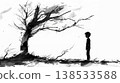 Monochrome Black Ink Art of a Young Boy Contemplating a Bare Tree in a Minimalist Style. Concept of Solitude, Reflection, Nature, Introspection. Copy space 138533588