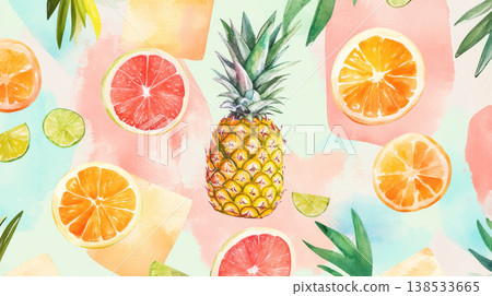 Colorful Watercolor Illustration of Tropical Fruits Including Pineapple, Grapefruit, Lime, and Orange Slices. Concept of Summer Vibes, Juicy Freshness, Tropical Flavors, . Summer Background. 138533665