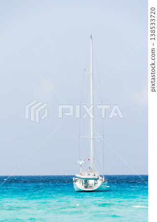 A leisure boat floats on the beautiful emerald green sea at Corsica, a French territory in the Mediterranean Sea. 138533720