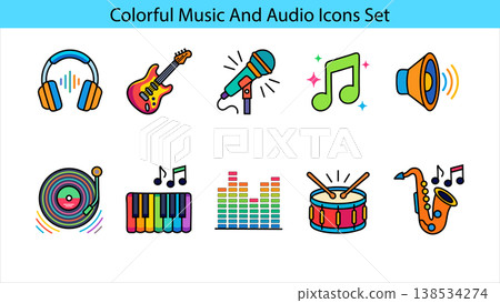 Colorful Music and Audio Icons Set with Instruments and Equipment in a Modern illustration Style isolated on white background Colorful Music and Audio Icons Set with Instruments and Equipment in a Modern illustration Style isolated on white background 138534274
