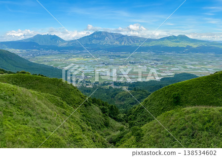 Aso Five Peaks and the Aso Plain as seen from Daikanbo Aso Five Peaks and the Aso Plain as seen from Daikanbo 138534602