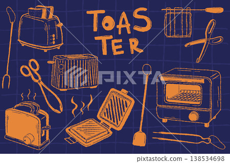 Kitchen toaster and cooking tools collection in bold retro sketch style Kitchen toaster and cooking tools collection in bold retro sketch style 138534698