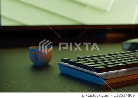 Modern dark home office setup with smart LED illumination and minimalist wooden desk. 3D render Modern dark home office setup with smart LED illumination and minimalist wooden desk. 3D render 138534809