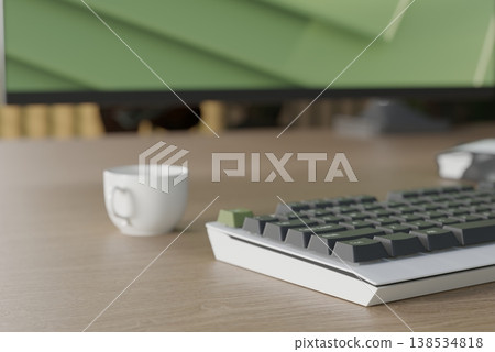 Eco-friendly workspace with wooden desk, green plants and modern computer monitor. 3D render Eco-friendly workspace with wooden desk, green plants and modern computer monitor. 3D render 138534818