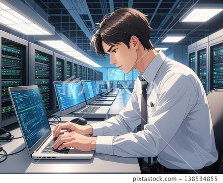 A programmer concentrating on programming at their desk. 138534855