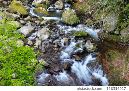 A lush river flow and rocky landscape A lush river flow and rocky landscape 138534927