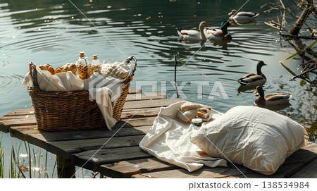 romantic picnic on the dock of an old pond, with ducks swimming in it. on top is a straw basket filled with various snacks and drinks. a white cloth covered by soft cushions lies flat nearby 138534984