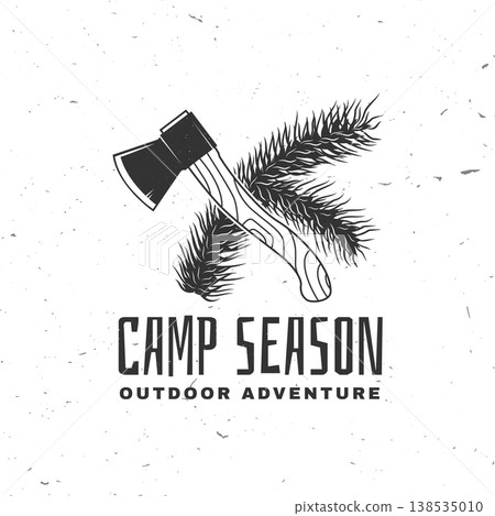 Axe with pine branch outdoor camping scene vector illustration with wood cutting tool and forest nature adventure design for t shirt poster sticker isolated on white background 138535010