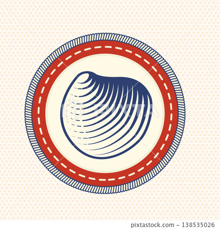 Seashell badge, retro vintage marine emblem in stitched patch style for seafood branding, packaging and logo design. Vector 138535026