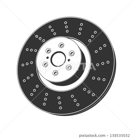 Brake disc icon, detailed automotive brake rotor in engraving style for auto repair and car service design. Vector Brake disc icon, detailed automotive brake rotor in engraving style for auto repair and car service design. Vector 138535032
