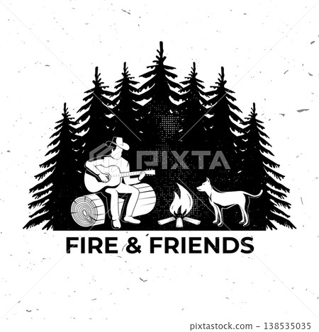 Fire and friends, camping scene with guitar and campfire, retro outdoor t-shirt design with forest and wildlife silhouette. Vector Fire and friends, camping scene with guitar and campfire, retro outdoor t-shirt design with forest and wildlife silhouette. Vector 138535035