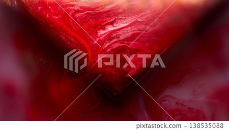 Paint spilling. Glass cube angle. Blur red pink purple color geometric texture vibrant droplets on abstract vibrant art background. 138535088