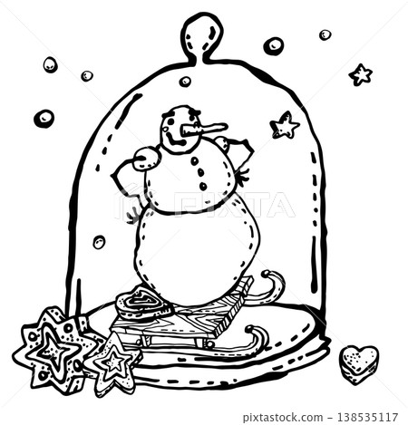 Happy cartoon snowman on sleigh inside glass dome 138535117