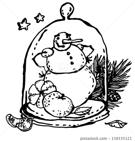 Cartoon snowman with tangerines under glass dome Cartoon snowman with tangerines under glass dome 138535121