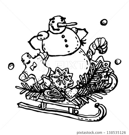 Snowman with a gingerbread man and snowflake Snowman with a gingerbread man and snowflake 138535126