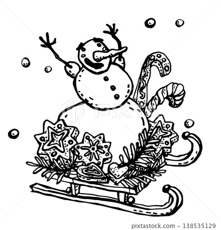 Joyful cartoon snowman with a gingerbread Joyful cartoon snowman with a gingerbread 138535129