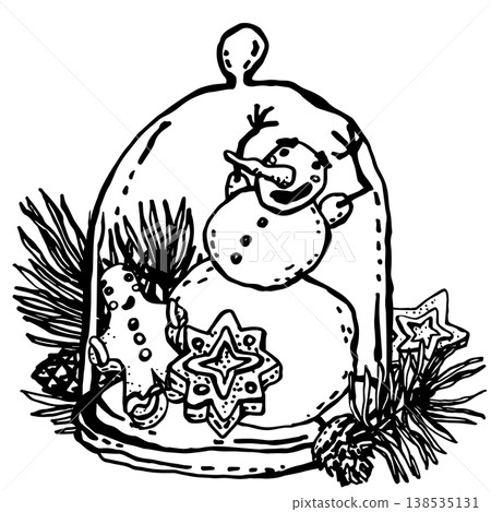 Playful snowman with gingerbread under glass dome Playful snowman with gingerbread under glass dome 138535131