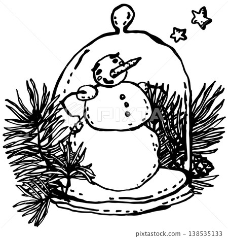 A dreaming cartoon snowman under glass dome A dreaming cartoon snowman under glass dome 138535133