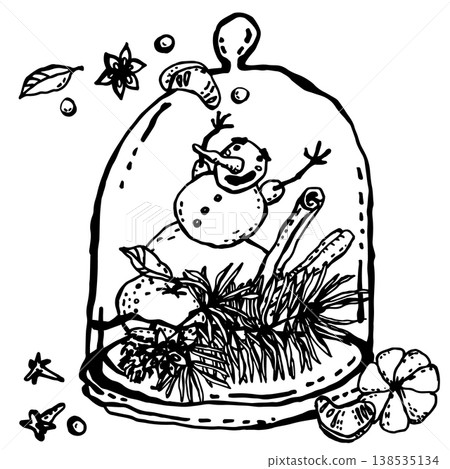 Snowman with pine branch, tangerine and glass dome Snowman with pine branch, tangerine and glass dome 138535134