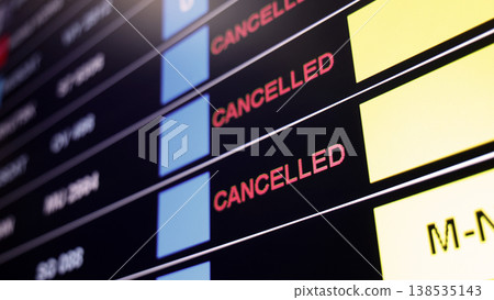 Airport display board. Airport departure information board displaying boarding gate open check in status and cancelled flights. Ideal for travel aviation tourism delay and transportation concepts. Airport display board. Airport departure information board displaying boarding gate open check in status and cancelled flights. Ideal for travel aviation tourism delay and transportation concepts. 138535143