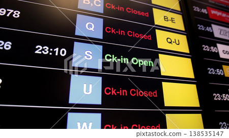 Airport display board. Airport departure information board displaying boarding gate open check in status and cancelled flights. Ideal for travel aviation tourism delay and transportation concepts. Airport display board. Airport departure information board displaying boarding gate open check in status and cancelled flights. Ideal for travel aviation tourism delay and transportation concepts. 138535147