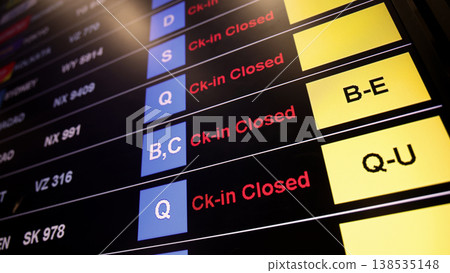 Airport display board. Airport departure information board displaying boarding gate open check in status and cancelled flights. Ideal for travel aviation tourism delay and transportation concepts. 138535148