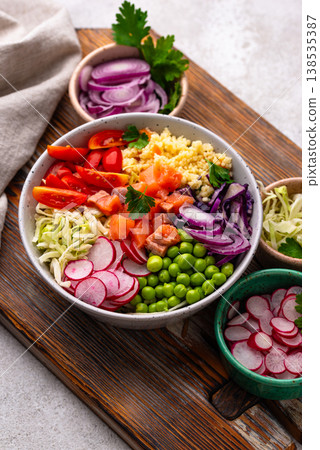 Balanced healthy bowl with vegetables and salmon Balanced healthy bowl with vegetables and salmon 138535387