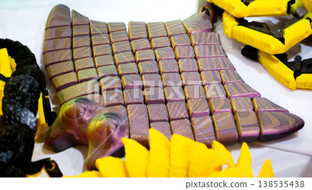 3D printed many different art objects. Objects printed on 3D printer from melted colored plastic. Models created on 3D printer from threads of molten plastic. Modern additive progressive technologies 138535438