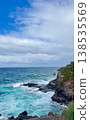 Coastline ocean waves rocky cliff turquoise sky clouds seascape travel scene with dramatic surf and tropical shore 138535569