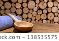 Sauna spa wellness relaxation wooden ladle towel bath health recovery scene on rustic wood with log background 138535575