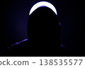 Dark Silhouette of a Person in a Hood with a Bright Glowing Circular Halo, Atmospheric and Mysterious Portrait Photography, Minimalist Cyberpunk Aesthetic against a Black Background. 138535577