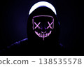 Person in Dark Hood Wearing Glowing Neon Purple Mask with X-Shaped Eyes, Atmospheric Portrait with Backlit Halo Effect, Cyberpunk and Mystery Concept Photography in Total Darkness. 138535578