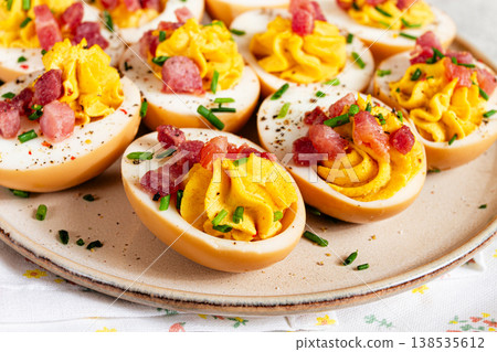 Spicy, stuffed ramen eggs, with bacon and green onions, homemade, no people, Spicy, stuffed ramen eggs, with bacon and green onions, homemade, no people, 138535612