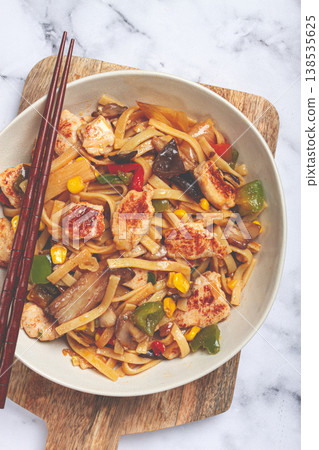 fried noodles with chicken meat and vegetables, Bami Goreng, Indonesian dish, no people, 138535625