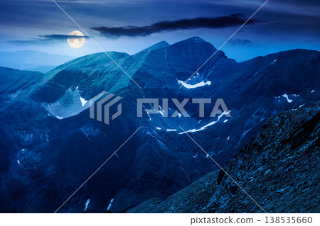mountain scenery in summer at night. gorgeous mountainous landscape. background with rocky cliffs and grassy hillsides under a cloudy sky. full moon over ridge of mysterious mountains mountain scenery in summer at night. gorgeous mountainous landscape. background with rocky cliffs and grassy hillsides under a cloudy sky. full moon over ridge of mysterious mountains 138535660
