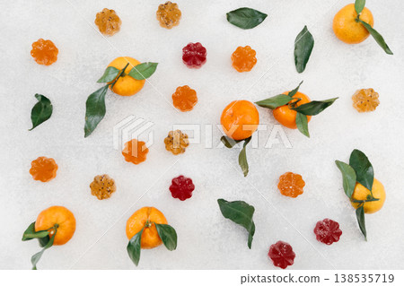 Homemade fruit jelly with lemon citrus fruits. Flat lay 138535719